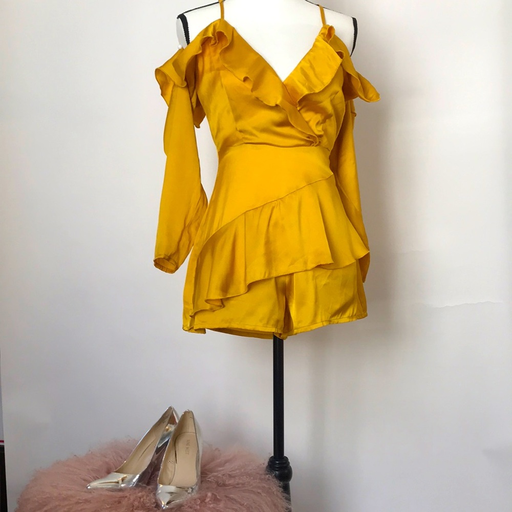 Misguided Ruffled Satin Romper | Gold | size 0